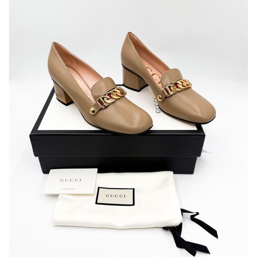 Gucci Sylvie Pumps Neutral Loafers Web Stripe Chain Block Heel New EU 38 US 8